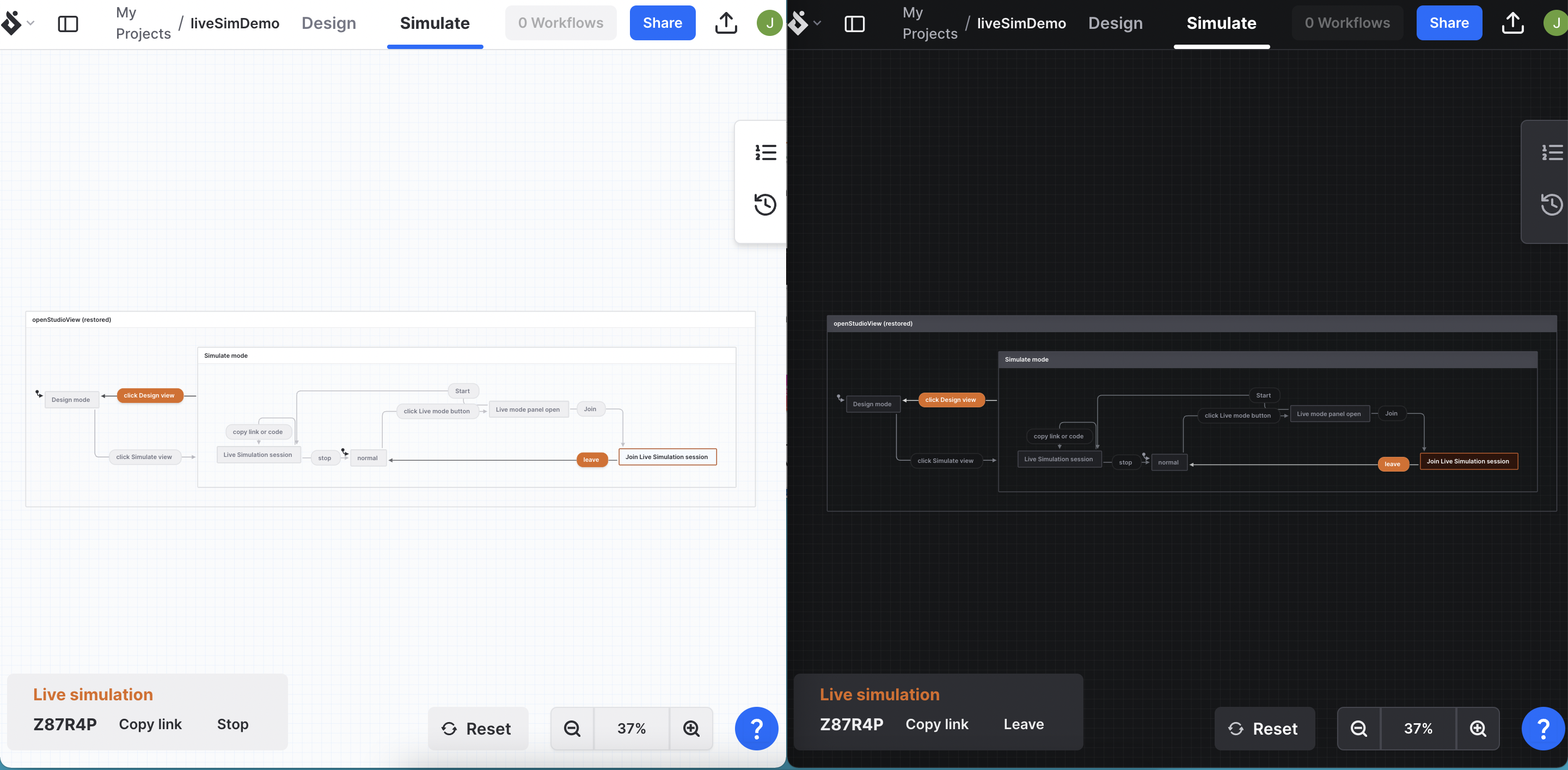 Two views of the Studio, left is the user sharing the Live simulation and right is the user who joins the Live simulation.