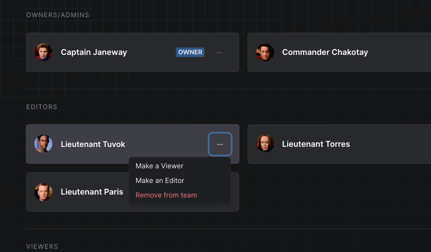 Stately Studio Team page for the Voyager team, showing the options for Lieutenant Tuvok as ‘Make a Viewer’, ‘Make an Editor,’ and ‘Remove from team.’