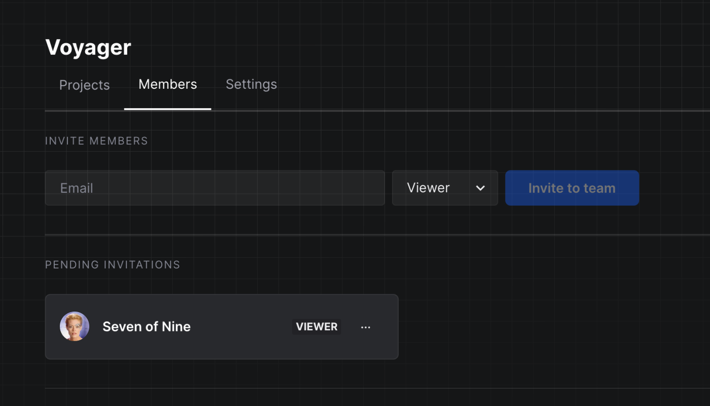 Stately Studio Team page for the Voyager team, showing the form to invite members via email and a pending invitation for Seven of Nine with the Viewer role.