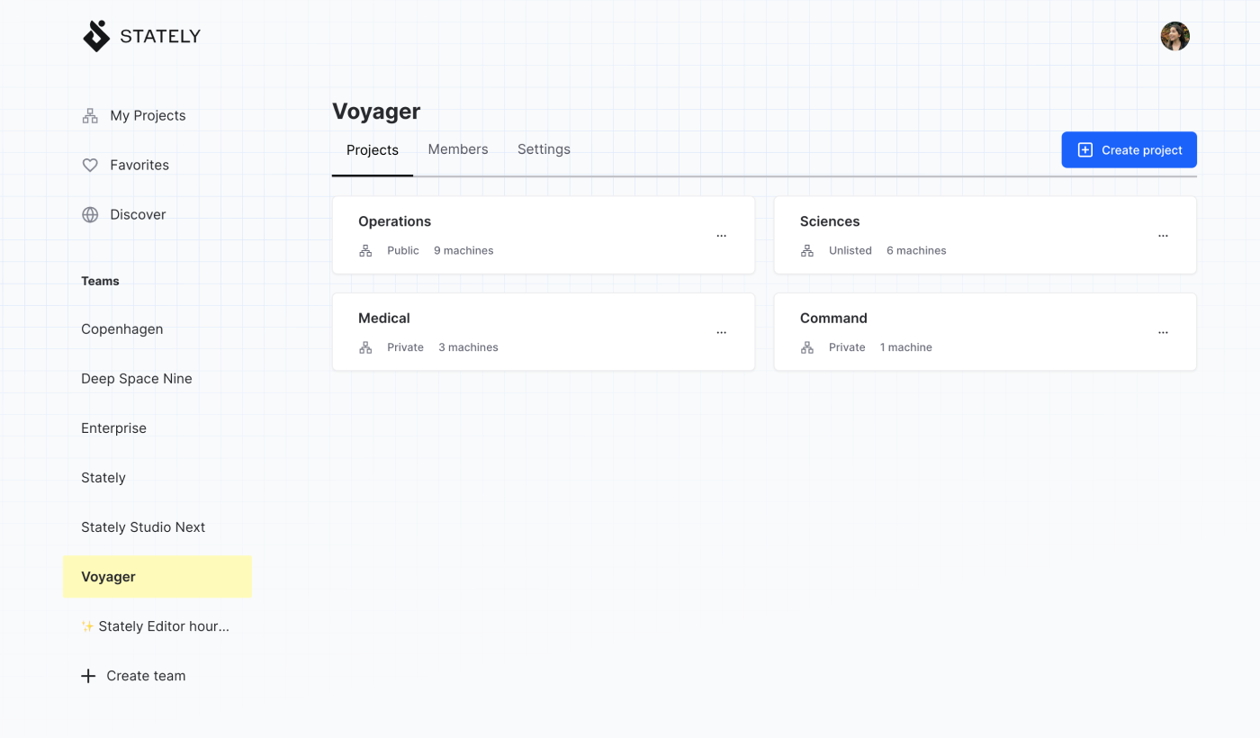 Stately Studio Projects page for the Voyager team, showing a list of four projects, one with public machines, two with private machines, and one with unlisted machines.