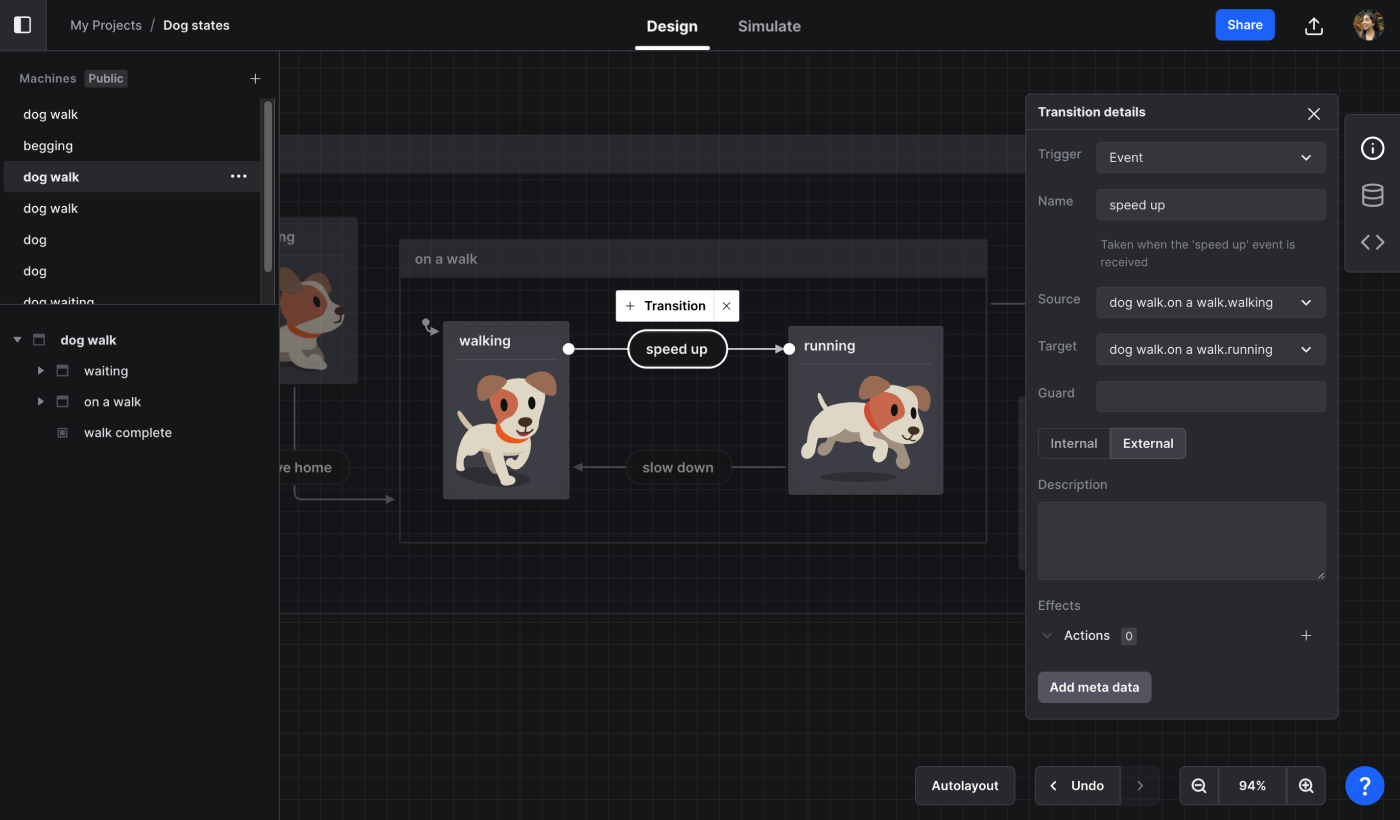 A dog walk machine open in Stately Studio’s editor. The dog walk machine has cute puppy images for each state, showing a dog walking and running. The speed up event is selected, and information and options for that transition is shown in an inspector panel on the right.